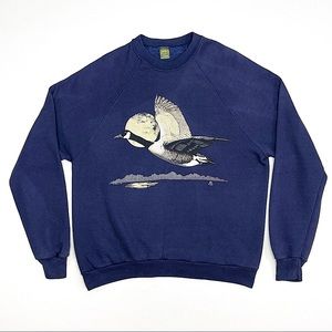 Vintage Navy Blue Crewneck Sweatshirt with Flying Duck Graphic